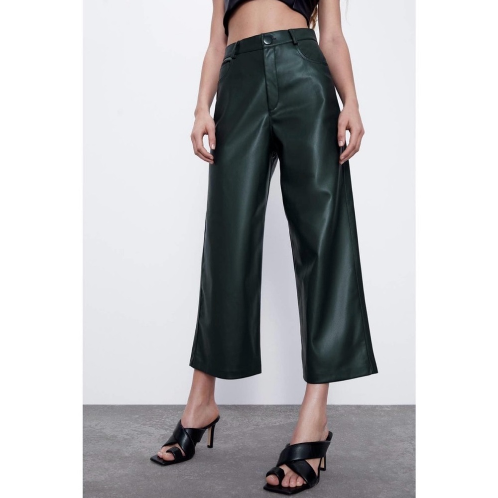 Zara Faux Leather Pants Dark Green High Waist Wide Leg Ankle